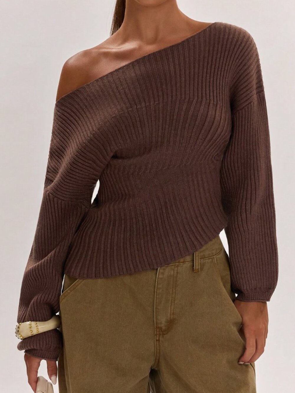 Brown Casual Women's Elegant Chic Knitted Fitted Ruched Sweater